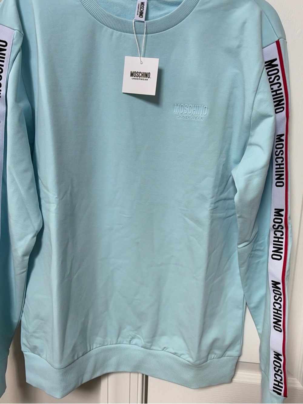 Moschino Light Blue Crewneck Sweatshirt with Logo Tape Sleeves